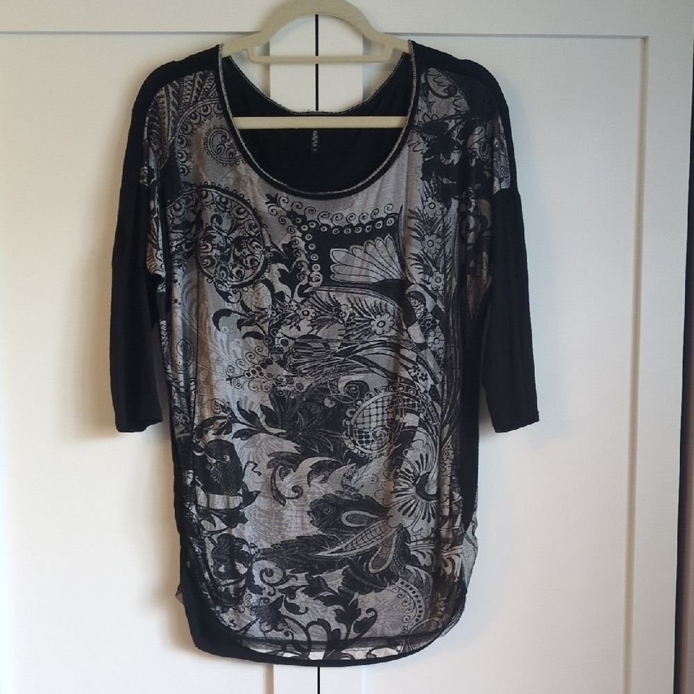 Edista Whimsigoth Lace Mesh Overlay Top Size M Ruched Gothic Boho USA